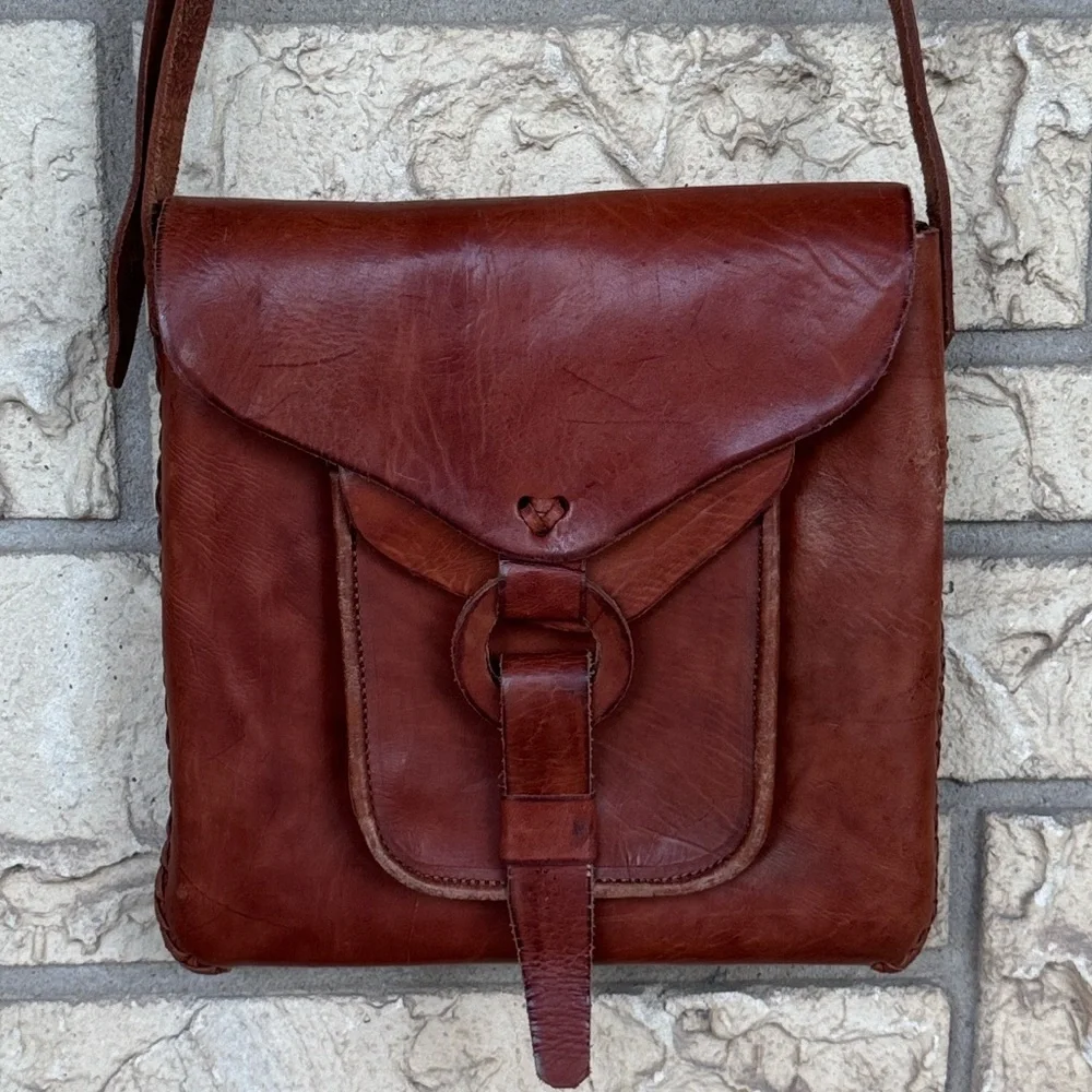 Vintage Brown Leather Handmade Joy Bag Woven Unisex Crossbody messenger Boho